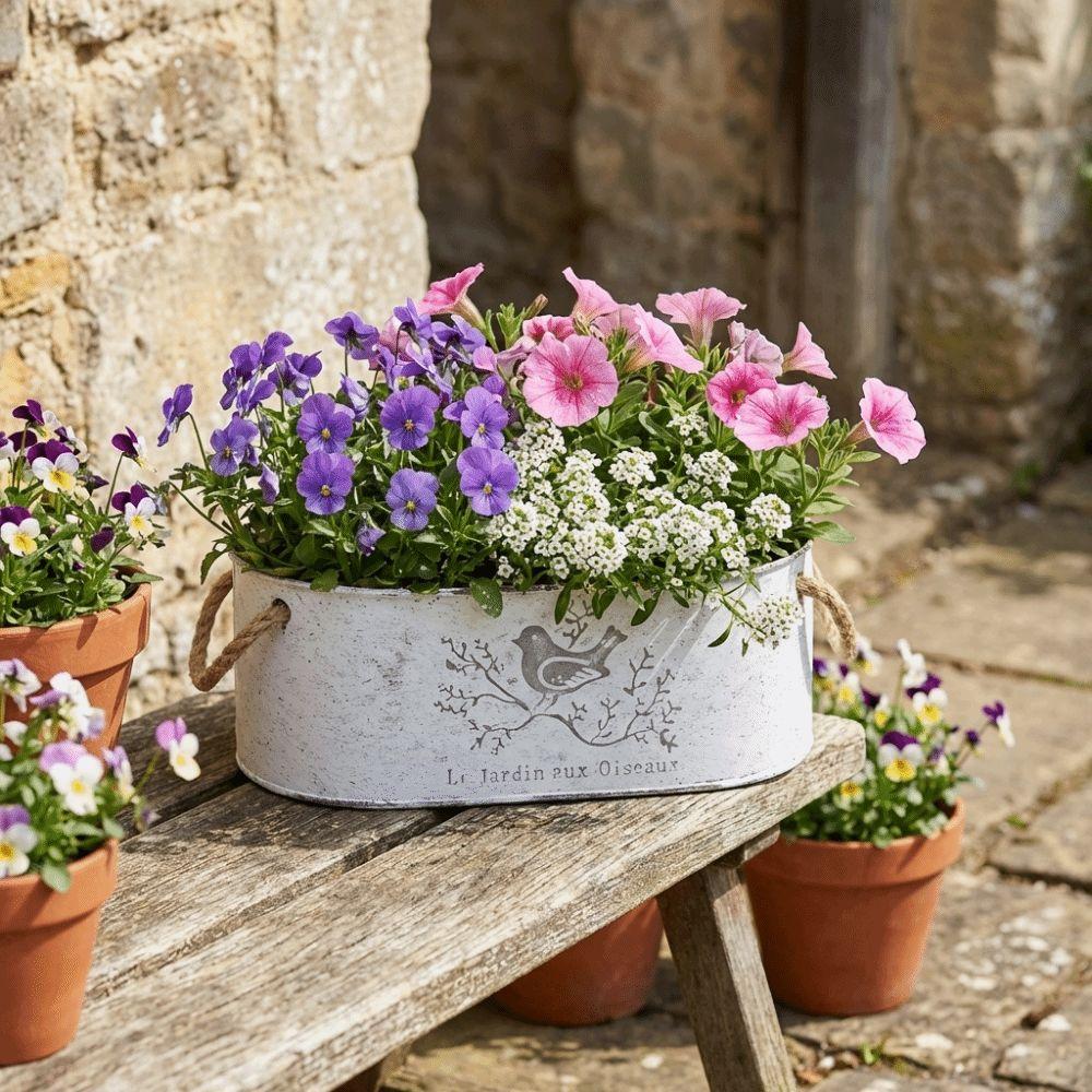Vintage Style Iron Flower Bucket Double Handle Distressed Finish Metal Flower Pot Wear-resistant Large Capacity Flower Vase