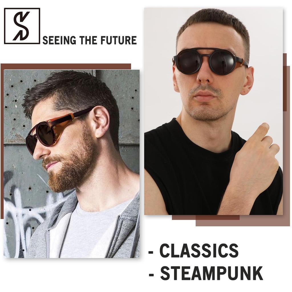 Exclusive Gothic Motorcycle Sunglasses Retro Round Sunglasses Side Shield Retro Steam Punk Glasses for Gentlemen [SHEEN KELLY] [Amazon Brand]