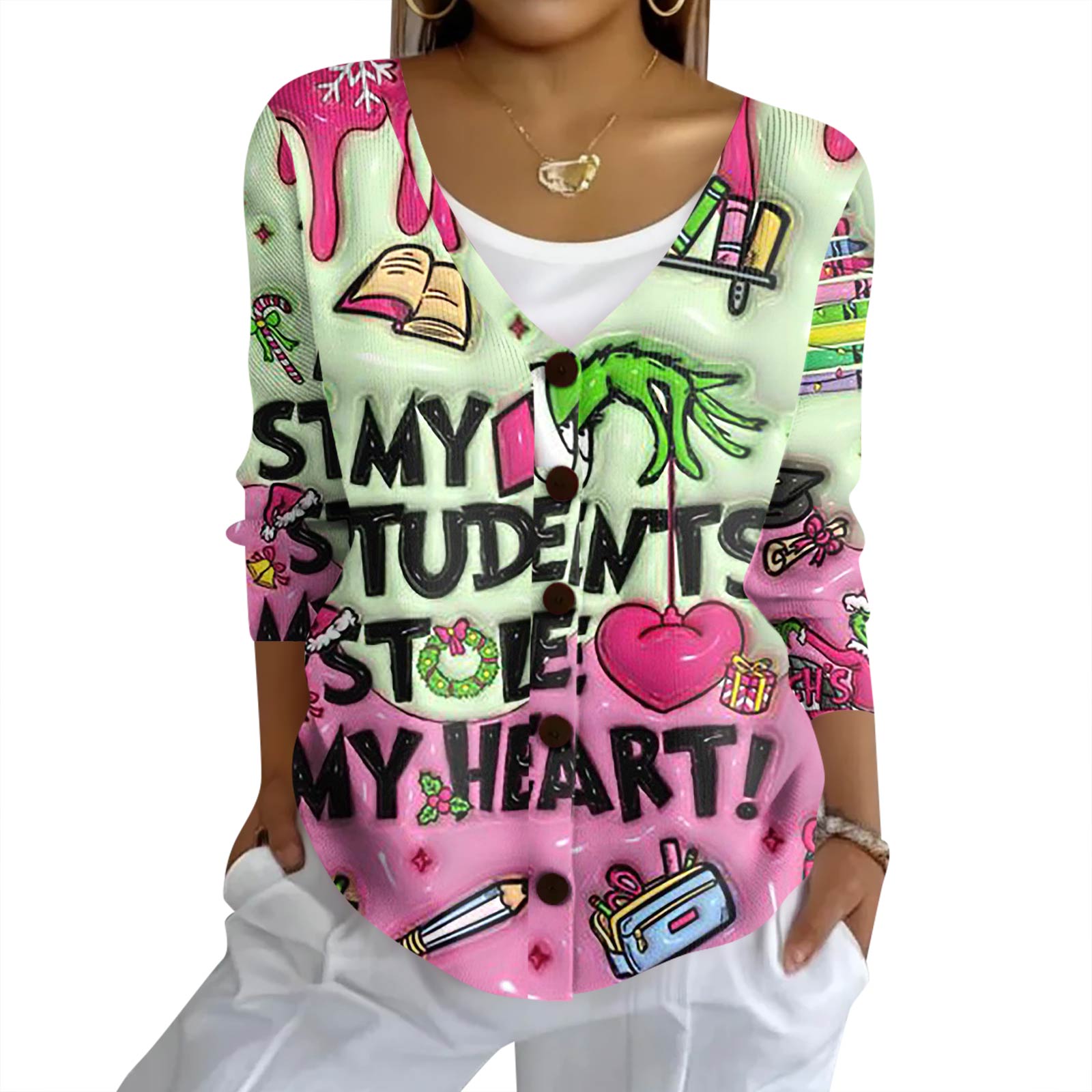 

Женский модный повседневный вязаный свитер на пуговицах, кардиган-жакет с рождественским принтом L