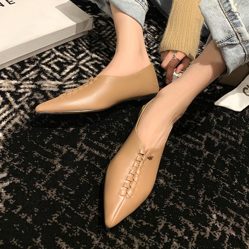 Fashion 2025 New Spring Pointed Toe Flat Heel Flats Genuine Leather Shoes for Women Concise Slip-on Handmade Women Mules Ladies Shoes
