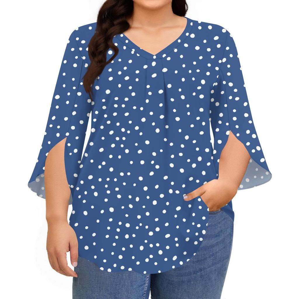 Women's Prined V-neck Plus Size Tops 3/4 Sleeves Elegant Shirt Tops