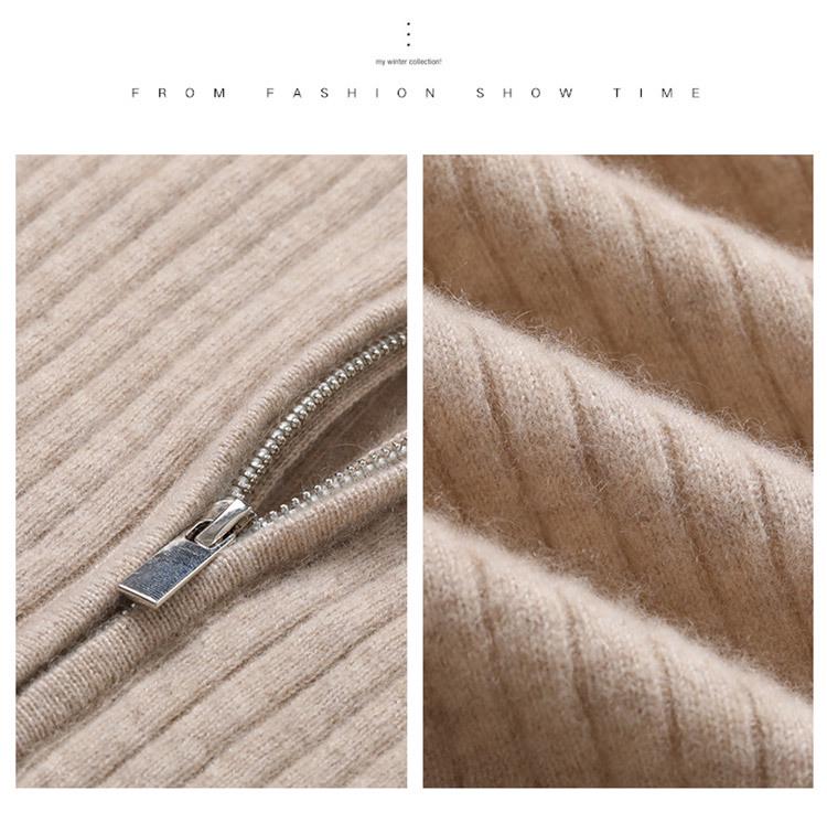 Women's Korean Style Cashmere Stand Collar Zipper Cardigan - Striped Slimming Knitwear for Autumn Winter