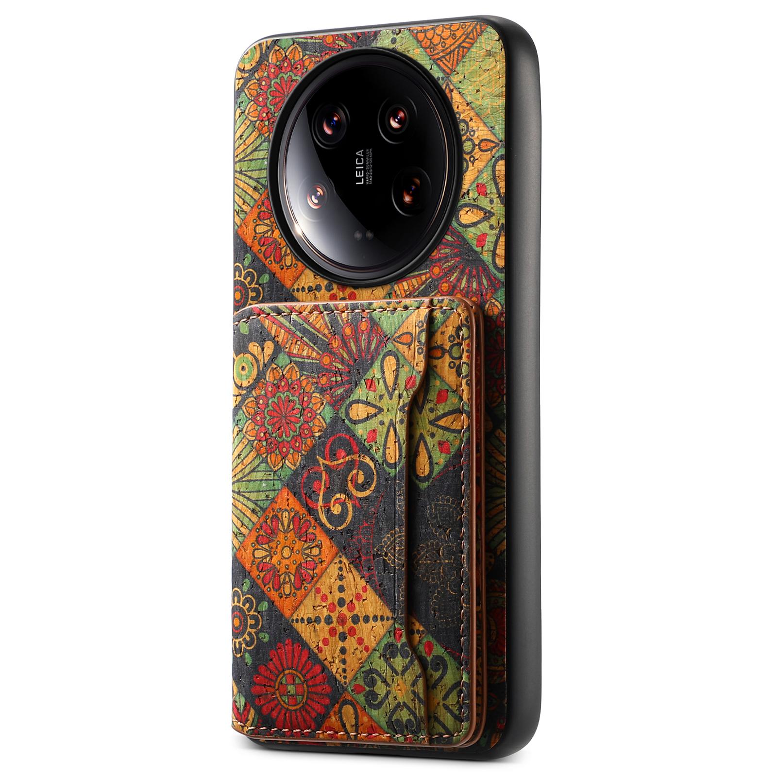 

For Xiaomi 14 Ultra Kickstand Case Card Slot PU Covered Hybrid Phone Protector Floral Pattern Autumn/Yellow