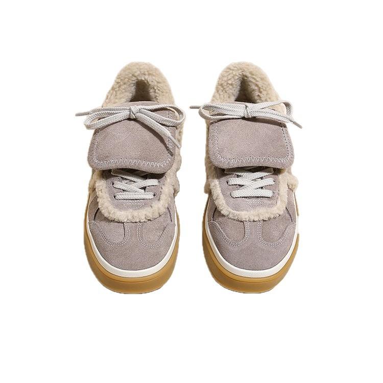 Retro versatile lace-up leather training shoes women's new lamb wool plush warm wool shoes casual sports board shoes