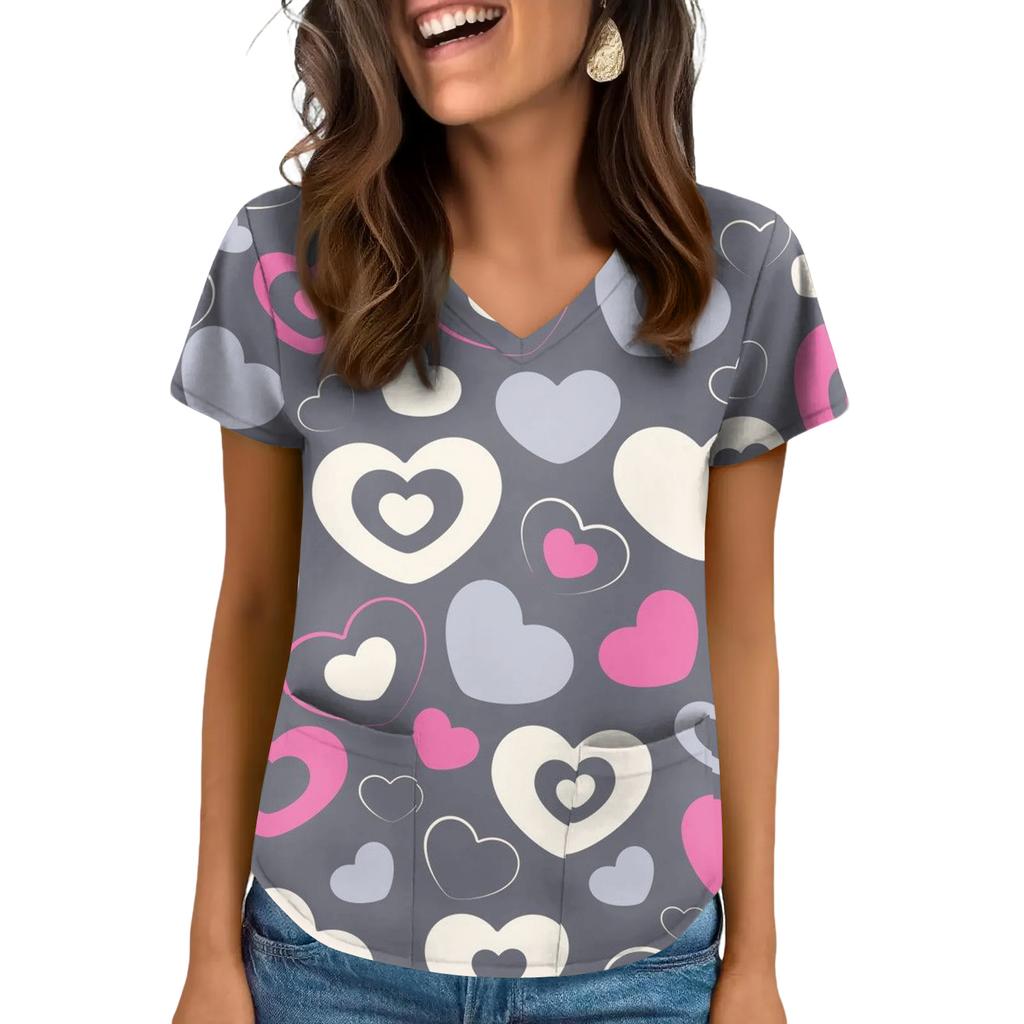 Women's V-neck Valentine's Day Printed Short-sleeved Top With Pockets And Side Slits, Suitable For Caregivers.