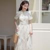 Women's Summer Qipao Dress: Chinese-Inspired Floral Print, Waist-Cinching, Puff Sleeves, Zipper, Mid-Length A-Line