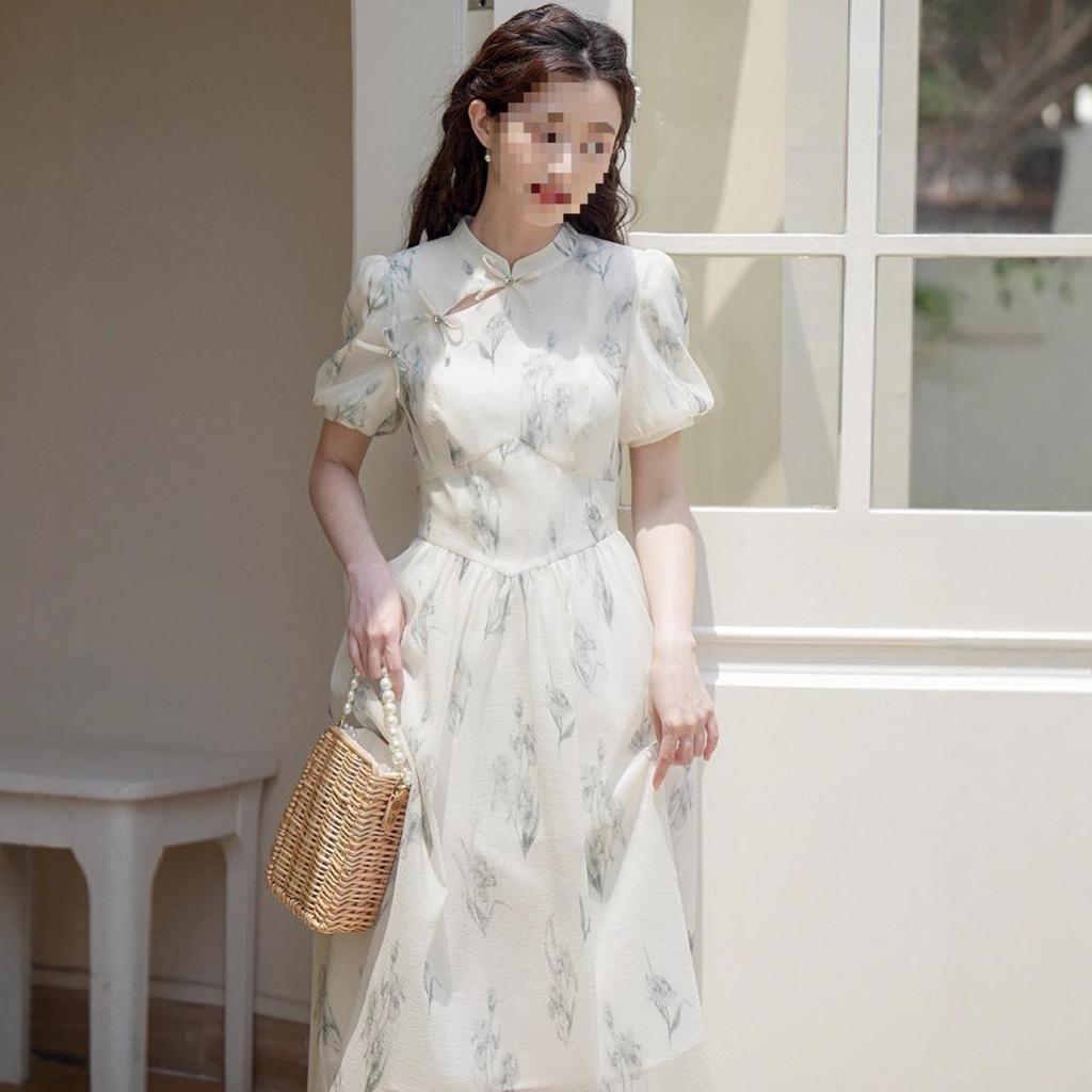 Women's Summer Qipao Dress: Chinese-Inspired Floral Print, Waist-Cinching, Puff Sleeves, Zipper, Mid-Length A-Line