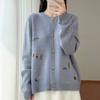 Women Autumn Winter Knit Cardigan Retro Fair Isle Pattern Round Neck Long Sleeve Loose Wool Blend Sweater Coat Casual Outerwear