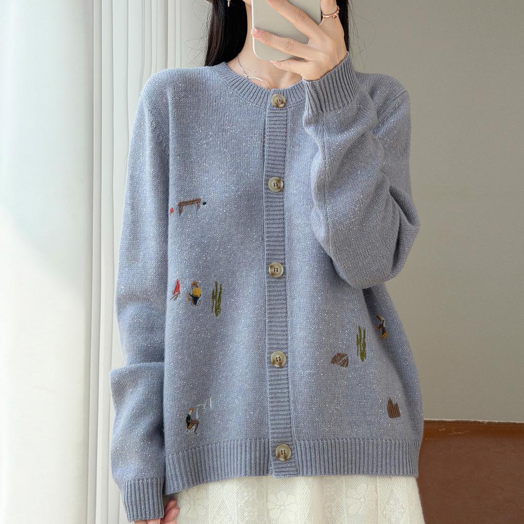 Women Autumn Winter Knit Cardigan Retro Fair Isle Pattern Round Neck Long Sleeve Loose Wool Blend Sweater Coat Casual Outerwear