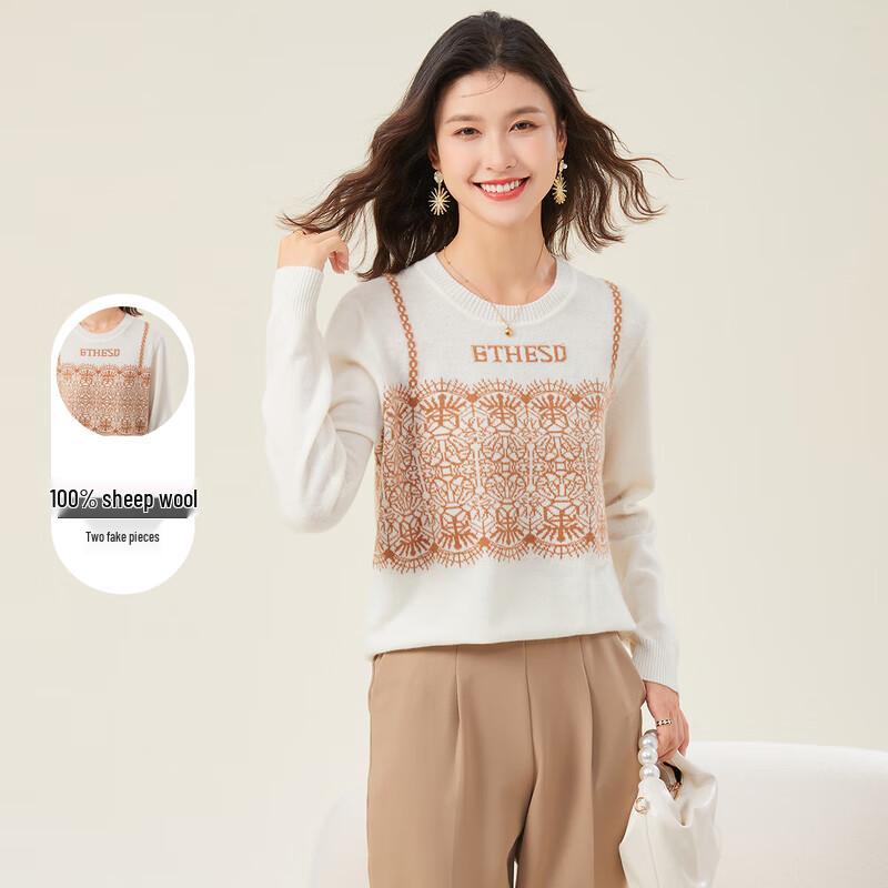 

Women s 100% Merino Wool Round Neck Jacquard Knit Sweater with Lace M