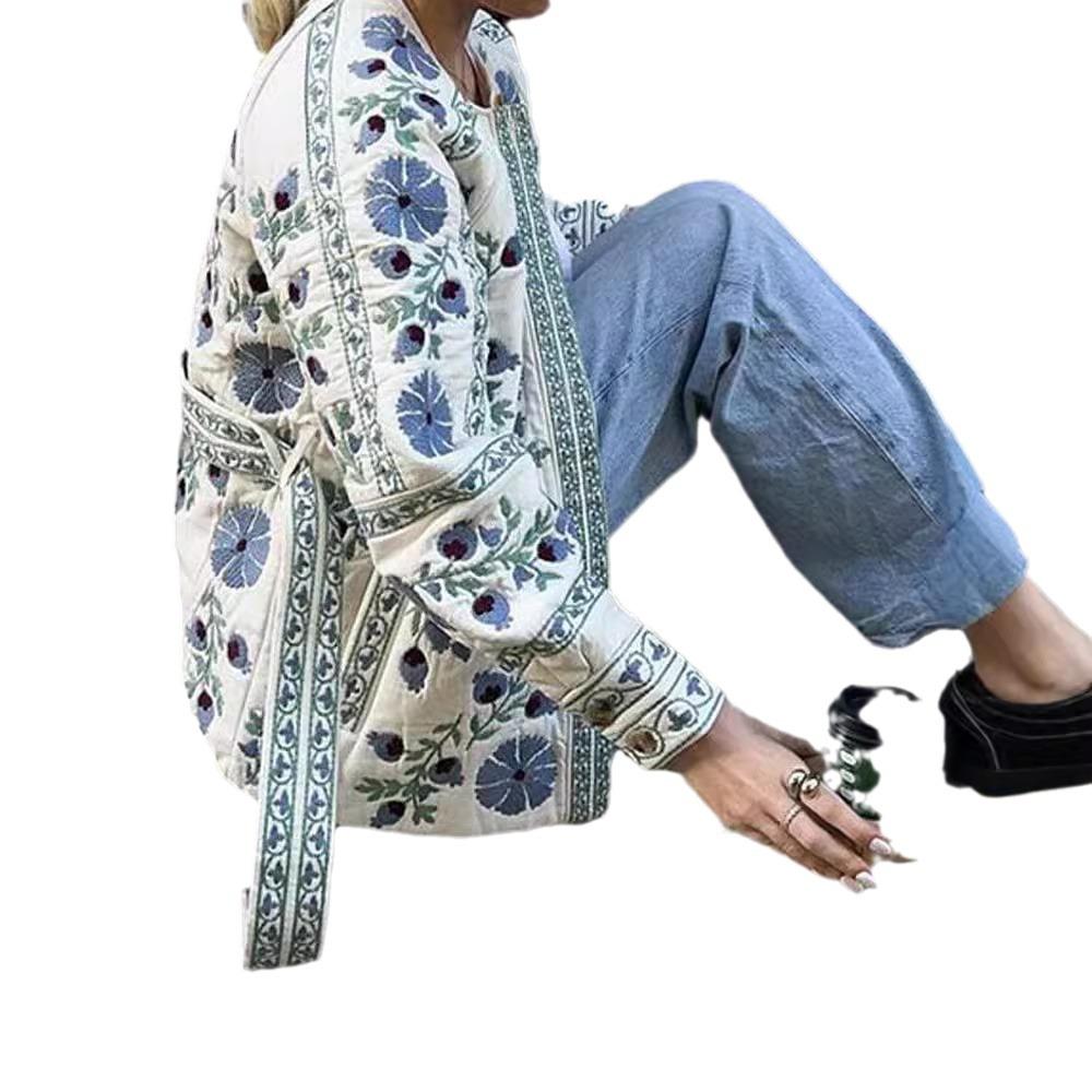 2024 European & American Women's Autumn/Winter Printed Tie-Waist Cotton Jacket