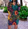 Women Plus Size V Neck Long Sleeve Blue Floral Printed Fitted Straight Dress