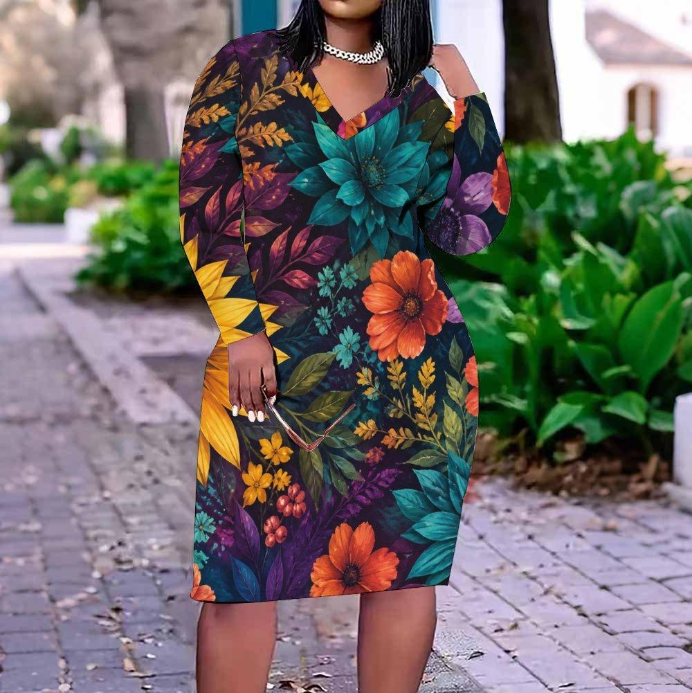 Women Plus Size V Neck Long Sleeve Blue Floral Printed Fitted Straight Dress
