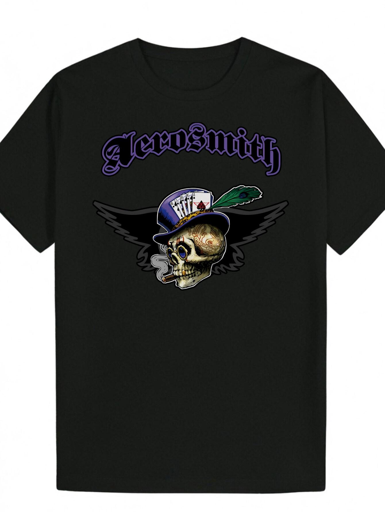 Crew Neck Polyester T-shirt - Skull & Wings Graphic Design L