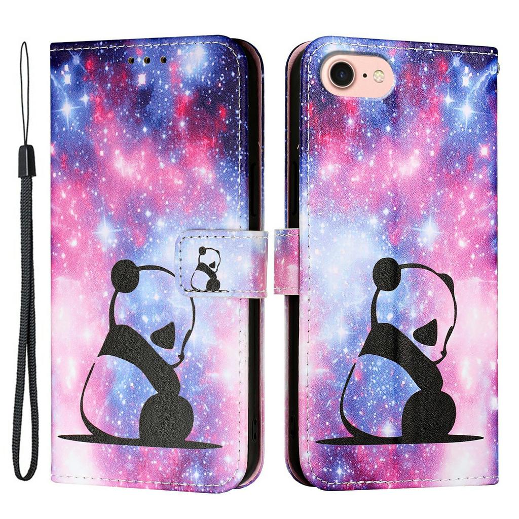 For iPhone 16e Leather Case with Strap and Card Holder Pattern Printing Phone Stand Cover