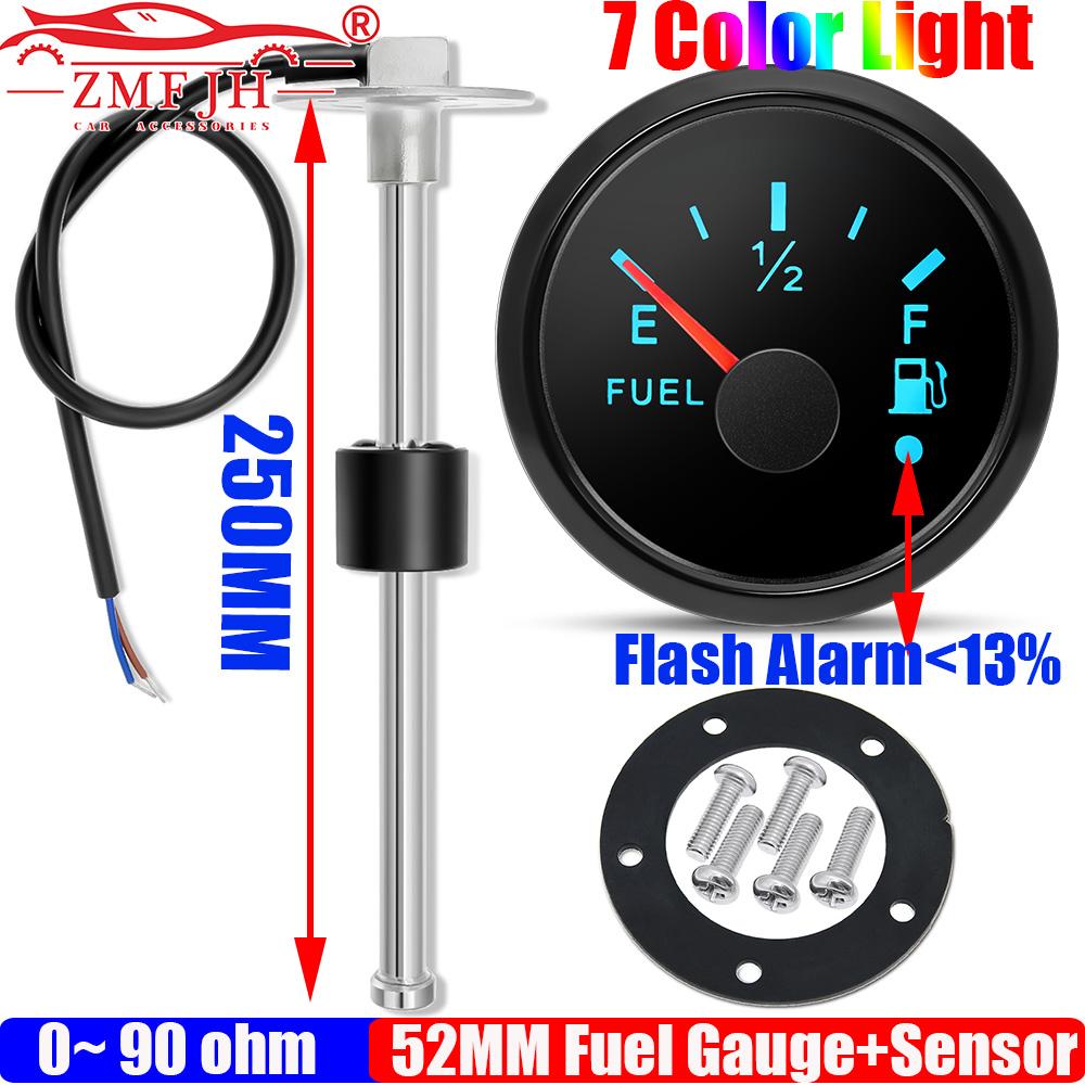 ZMFJH 0-90ohm 52MM Fuel Level Gauge with Warning 7 Color LED Fuel Level Sensor 100-550mm for Universal Auto Car Boat Yacht 12V24