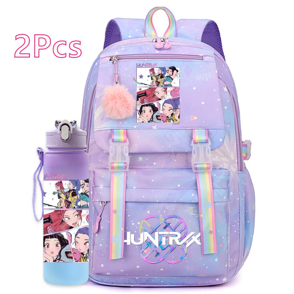 2 st/set Söt Anime Kpop Tryckt Ryggsäck 750 ml Vattenflaska Stor Kapacitet Resväska för Tonårsflicka Pojke Bokväska Barnpresent Rucksak