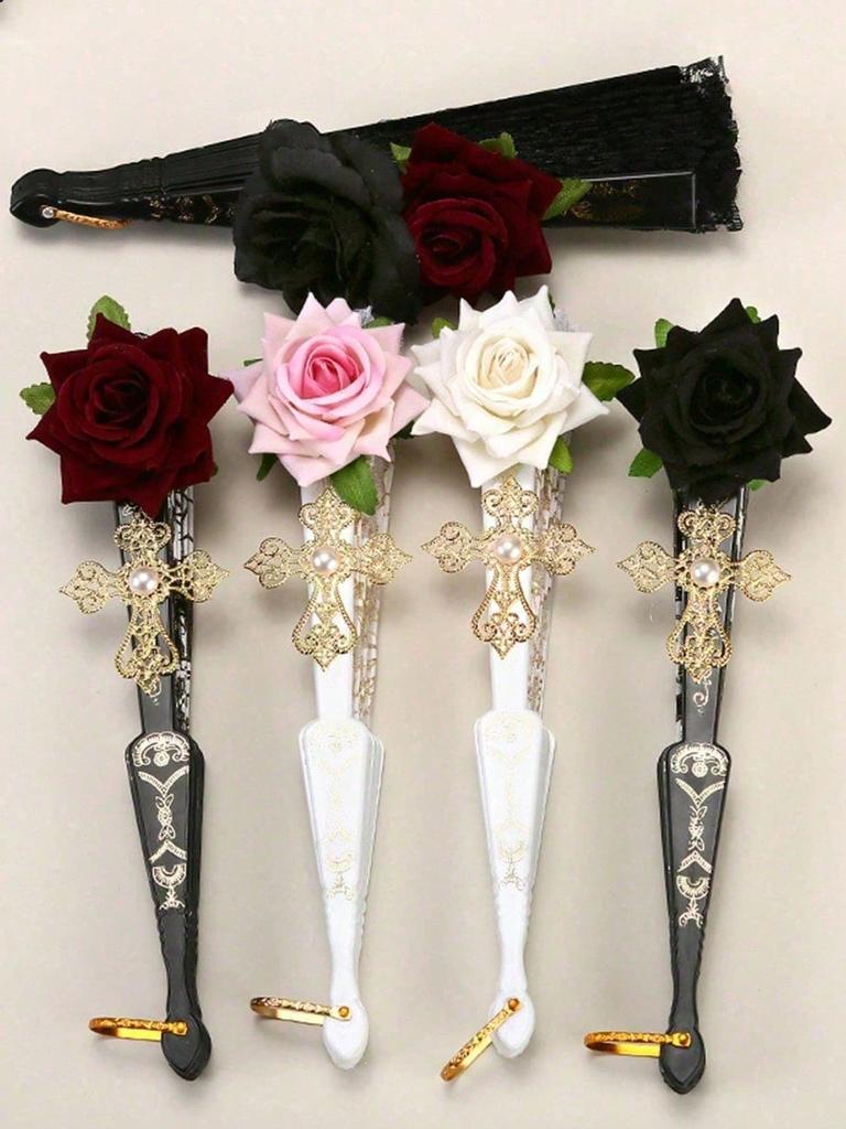 Vintage spanischer Faltfächer, Flamenco-Rosen-Spitzendekor, eleganter schwarzer Damen-Handfächer, geeignet für Damenpartys und Hochzeiten
