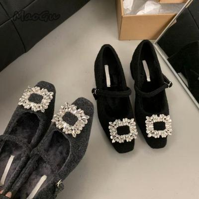Gray Fuzzy Mary Jane Shoes Square Toe Rhinestone Mid Heel Pumps Plush Warm Chunky Heeled Shoes Elegant Zapatos De Mujer