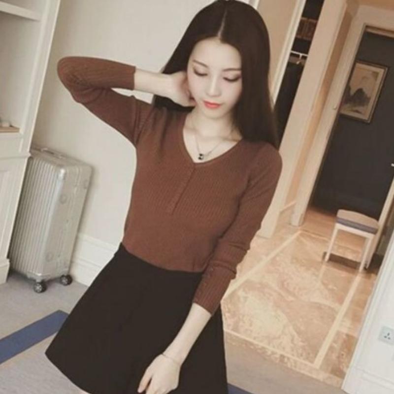 Herbst- und Winter V-Ausschnitt Pullover für Damen Mode Langarm Slim Fit Strickpullover Frau Einfarbig Lässig Basis Strickwaren Jumper 24874