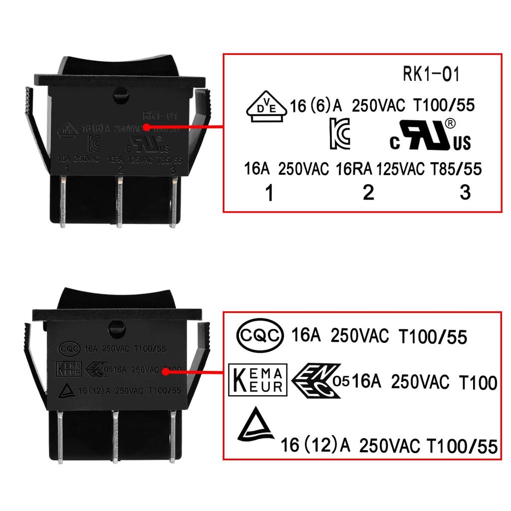 Heschen Rocker Switch ON-Off-ON DPDT 6 Terminals 16A 250VAC Black 2Pack