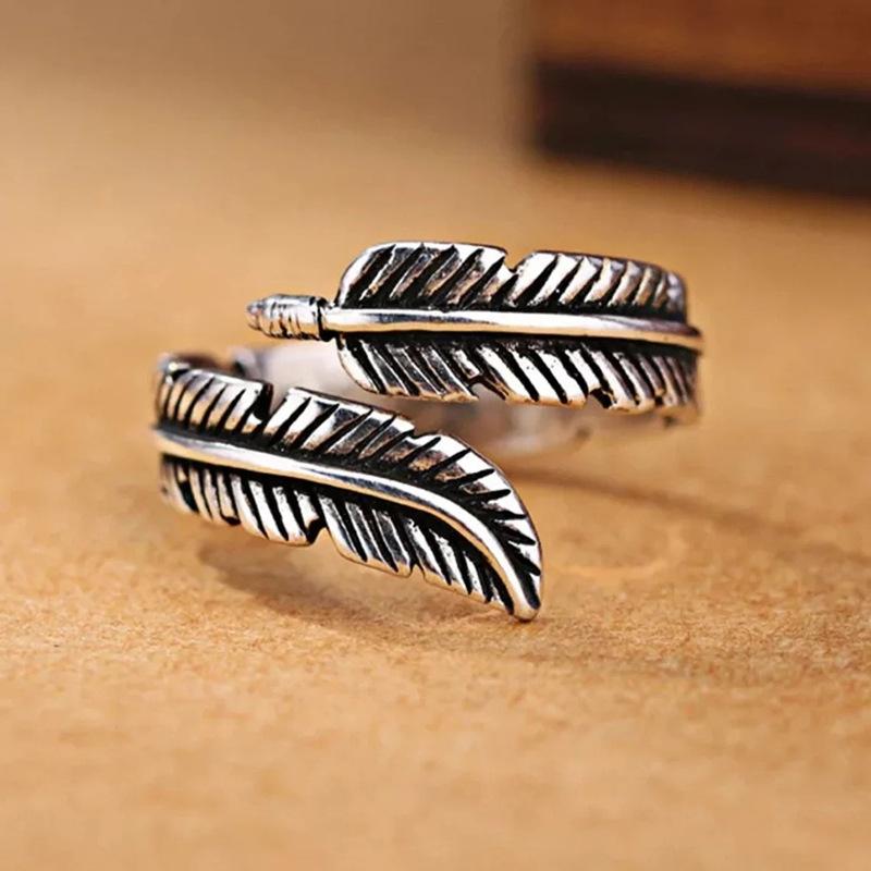 Feather Leaf Ring, Opening Adjustable Retro Old Index Finger Ring, Texture Personalized Ring Ring