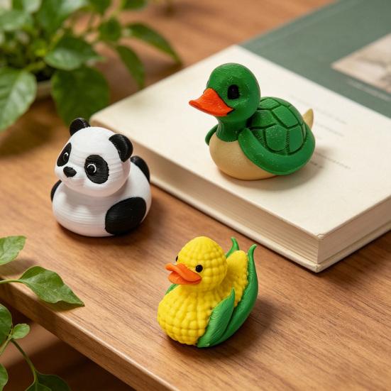 Small Duck Figurine 3D Printed Cute Turtle/Panda/Dog/Banana Duck Statue for Home Office Desk Shelf Decor