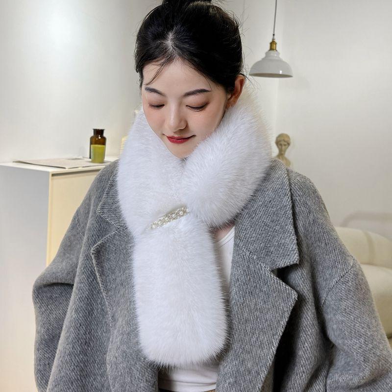Women's Scarves Elegant Pearl-embellished Double-sided Faux Fox Fur Scarf - Warm Thickened Autumn/winter Women's Neck Warmer
