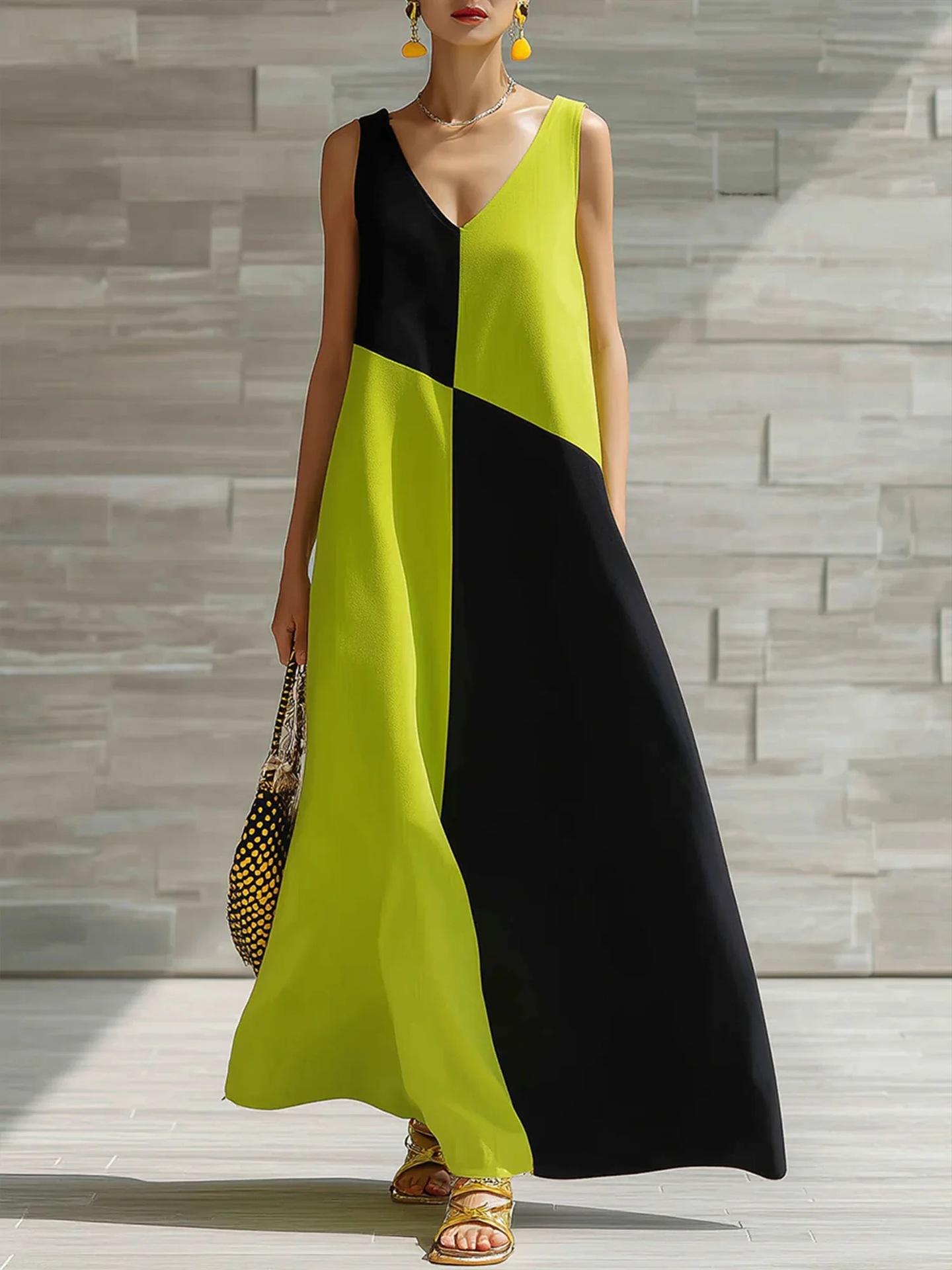 European French retro color matching sleeveless V-neck dress women s summer new loose and thin dress S