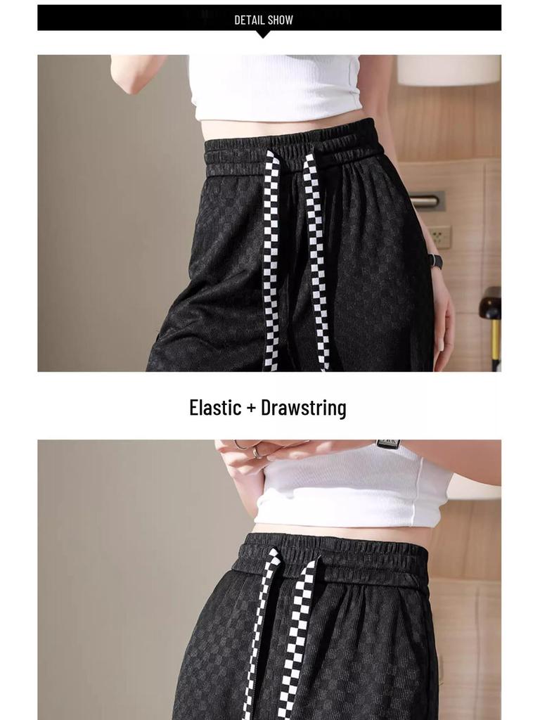 145 Petite Ice Silk Plaid Wide-Leg Pants for Women - Thin, High-Waist, Straight-Leg, Casual Fit for Spring and Autumn