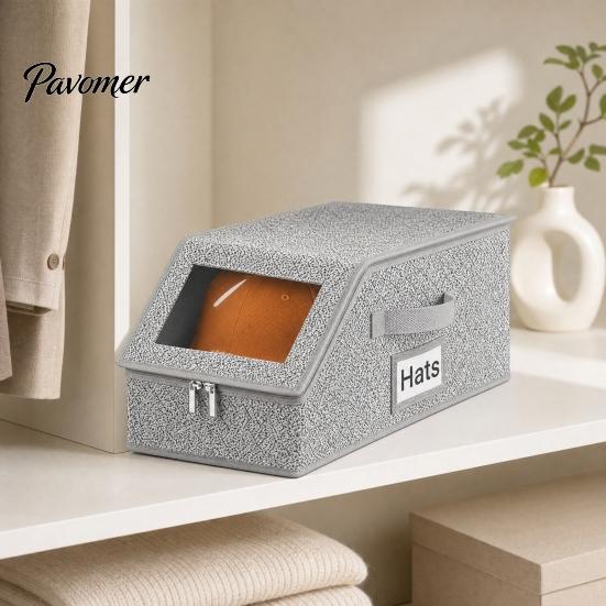 Reinforced Hat Storage Container Baseball Cap Box, with Clear Viewing Lid, Dustproof Breathable Non-woven Custom Box Container, Stackable Organizer