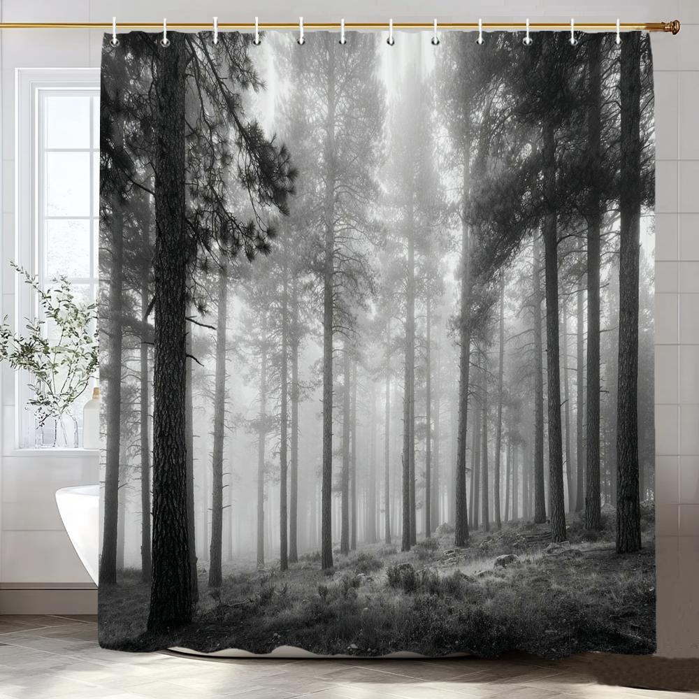 Schwarzer Baum Duschvorhang, Schwarzer Nebelwald Badezimmer Dekorativer Duschvorhang, Hängender Vorhang 12 Haken Maschinenwaschbar