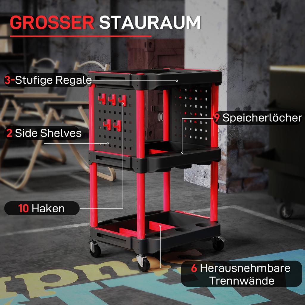 Tool Trolley. Three-tier Shelves. 4 Wheels. Plastic. 10 Hooks. Red