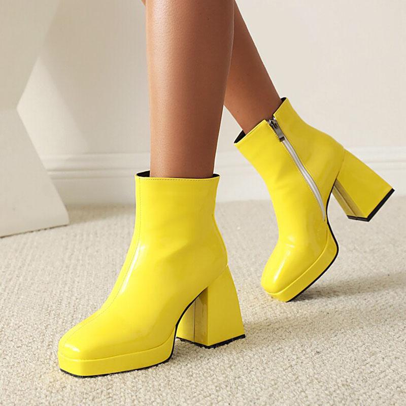 Candy Color Women Boots Custom Square Toe Patent Leather High Heels Ankle Boots Women Platform Shoes Winter Pumps Botas WSH4986