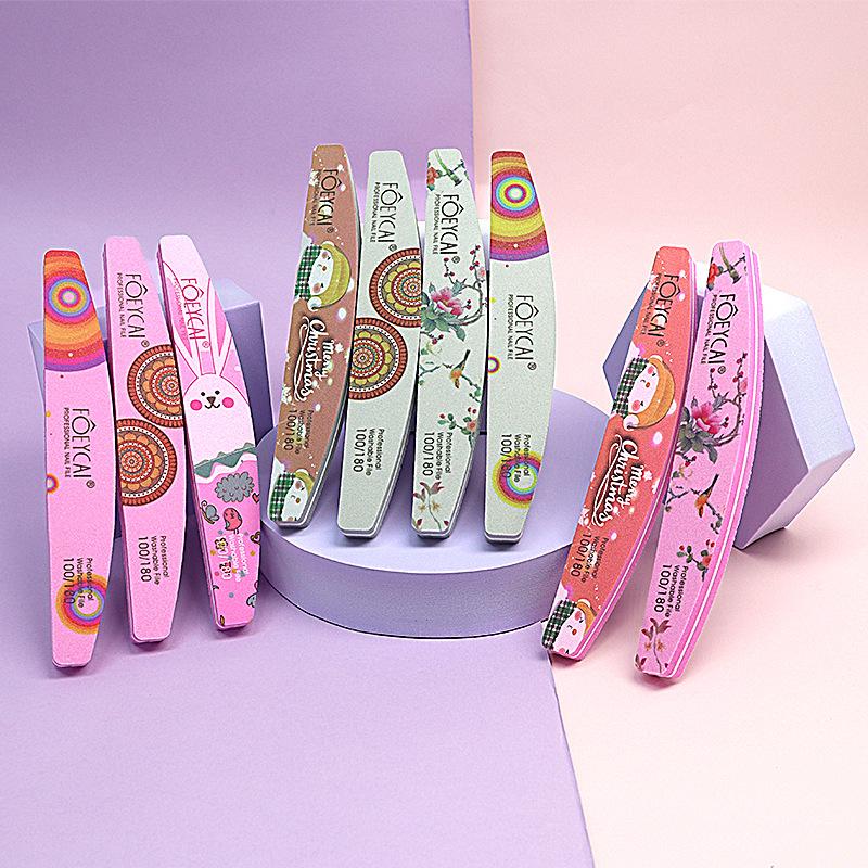 Pink Half-Moon Double-Sided Nail Buffer: Coarse & Fine Grit Sponge File Strip Random pattern pink sponge