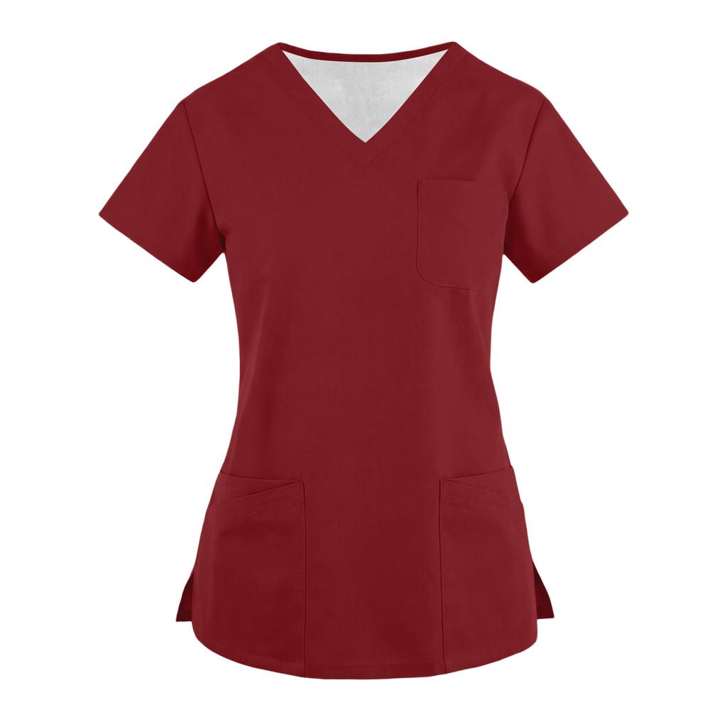 Women's Fashionable Loose-Fit Short-Sleeve V-Neck Pocket Blouse With Slit
