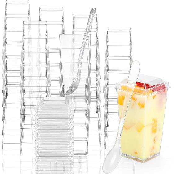 EASERCY 50 Pack 3 oz Square Mini Dessert Cups with Lids and Spoons Clear Dessert Shooter Cups with Spoons Parfait Cups with Lids Appetizer Cups for 50 cups + 50 spoons + 50