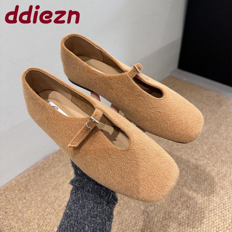 Fashion Buckle Fashion Flock Ladies Mary Janes Flats Shoes Female Square Toe Footwear Shallow Women Flats Slip On Shoes Lady