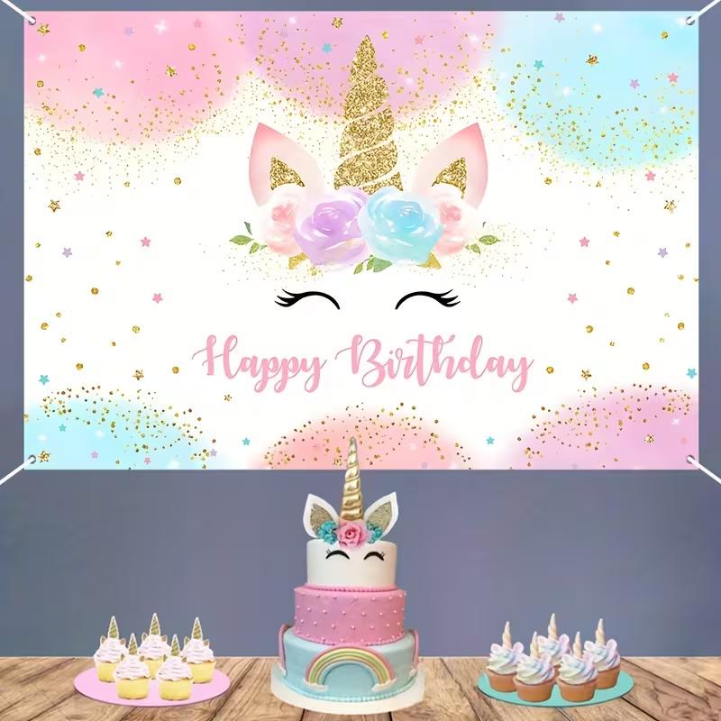 2D Whimsical Unicorn Birthday Banner, Pink & Gold Glitter Party Decor
