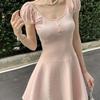Wanna close waist knitted dress slim summer ice silk skirt sweet bubble sleeve square neck skirt, summer