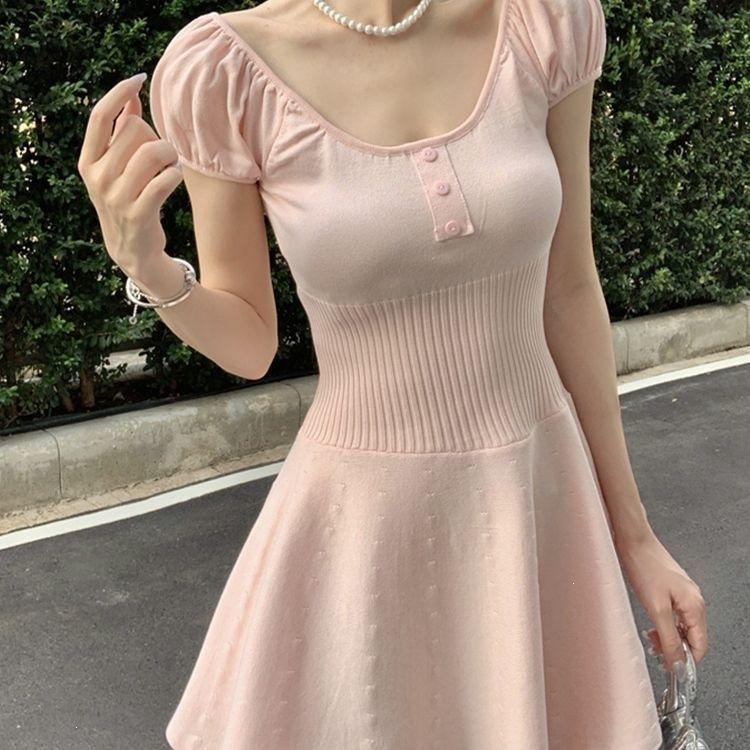 Wanna close waist knitted dress slim summer ice silk skirt sweet bubble sleeve square neck skirt, summer