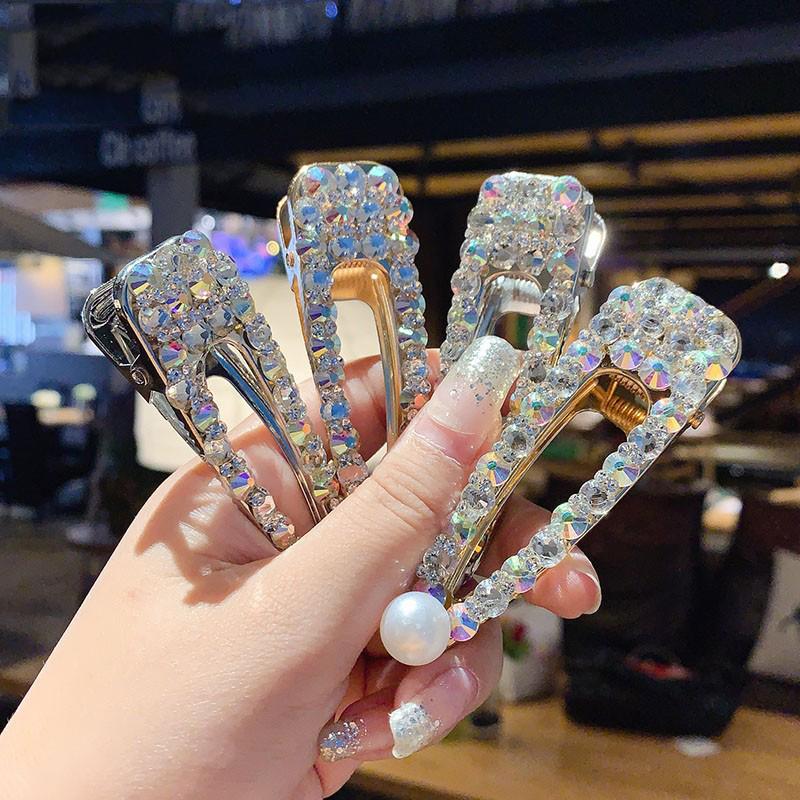 Luxury Full Crystal Pearl Hair Clips Pins Fashion Geometric Waterdrop Rectangle Duckbill Clip For Women Girls Hair Accessories