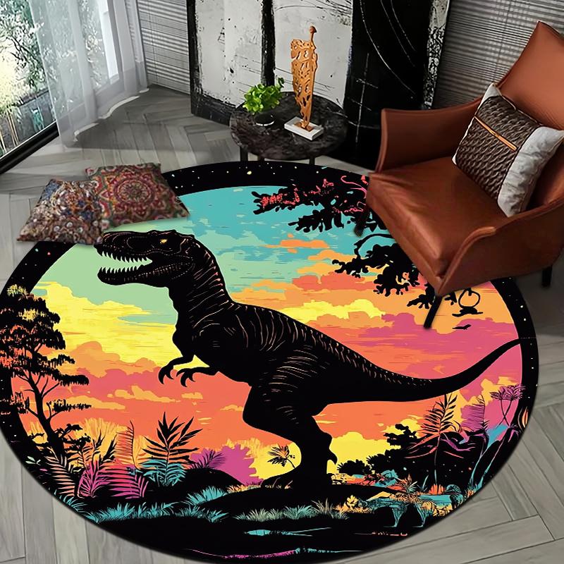 Neon Prehistoric Dinosaurs Flannel-printed Round Floor Mats Are Slip-resistant Suitable for Room Bedroom Terrace Garden Carpets