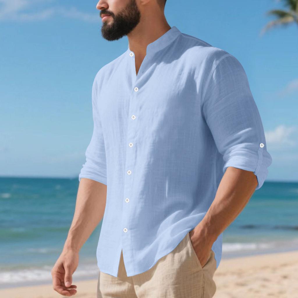Men's Linen Button-down Shirt, Beach Shirt, Long-sleeved Plain-colored Stand-up Collar, Spring Casual Everyday Wear