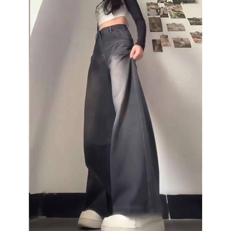 Women's Black-Grey Wide-Leg Jeans, Plus-Size, High-Waisted, Slimming Straight-Leg, Hip-Covering, Spring/Autumn Style, 2026 New Fashion.