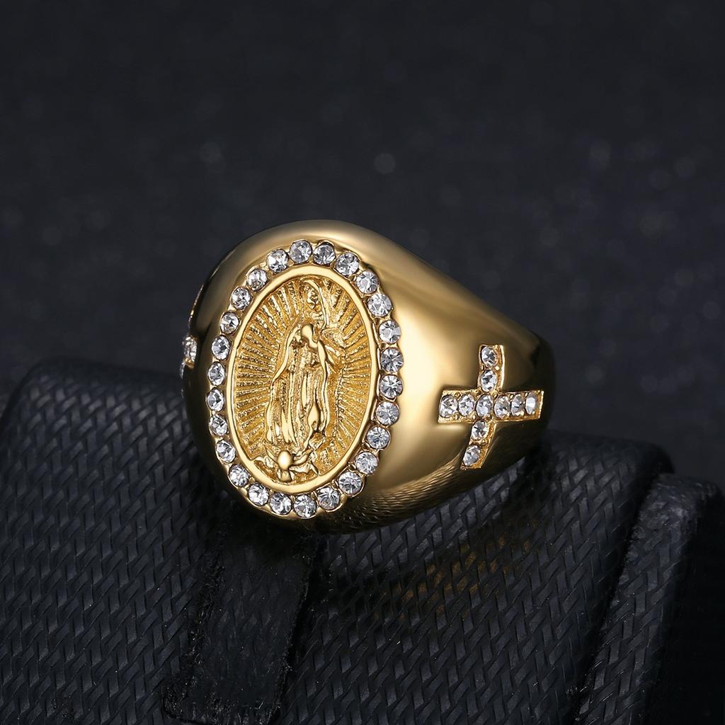 New Hip-Hop Jewelry Titanium Steel Gold-Plated Inlaid Diamond Virgin Mary Men's Ring