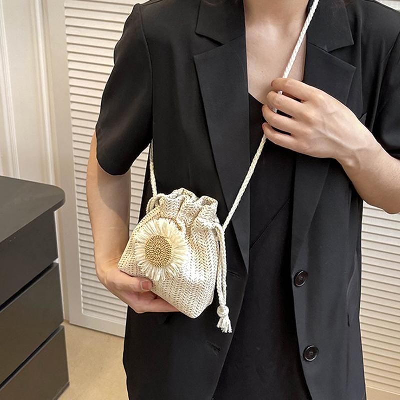 Słomkowe torby plażowe ze sznurkiem, torby z haftem kwiatowym, damskie plażowe torby typu bucket crossbody do podróży