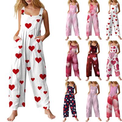 Women's Casual Sleeveless Jumpsuit With Valentine's Day Print, Cotton Romper