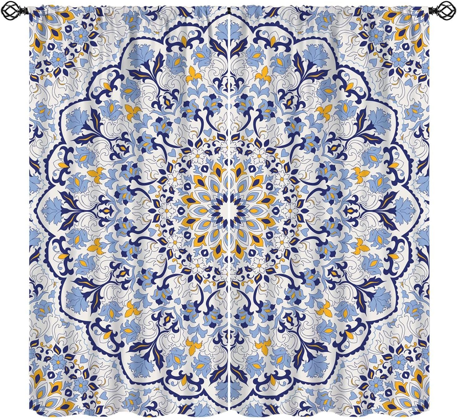 Boho Floral Mandala Blackout Curta, Bohemian Tropical Flower Abstract Mandala Pattern Window Drapes For Home Bedroom Living 53x116CM-2PC
