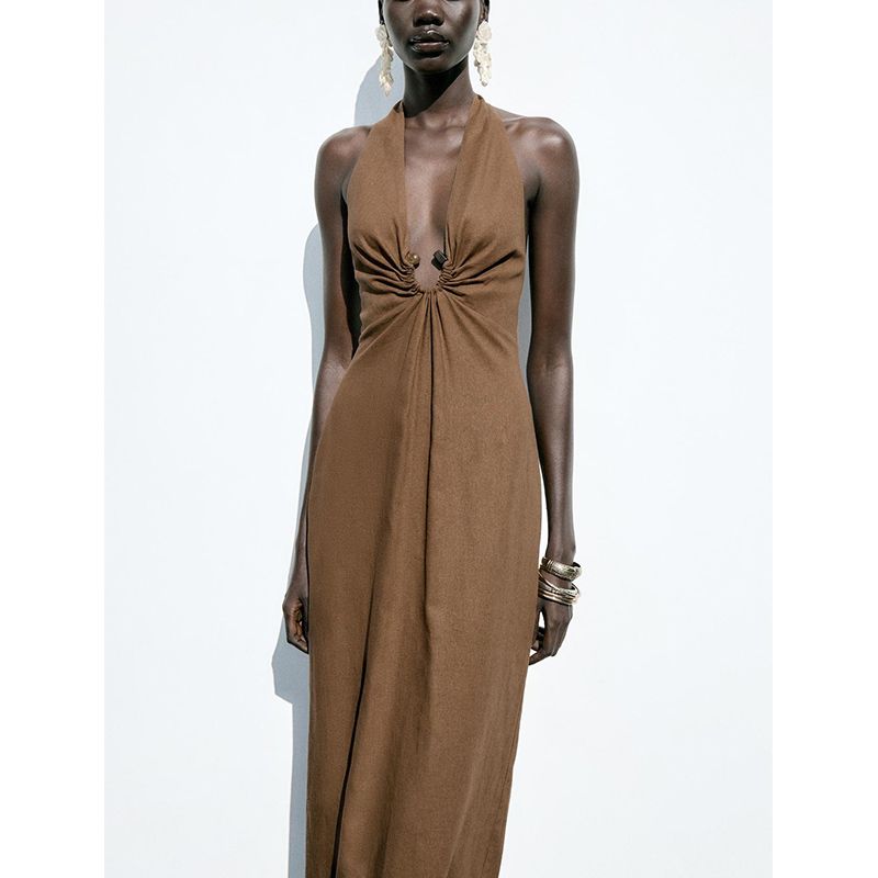 Summer Women's Clothing Vacation Style Backless Halter Collar Linen Blend Buckle Decoration Midi Skirt Dress 8351041